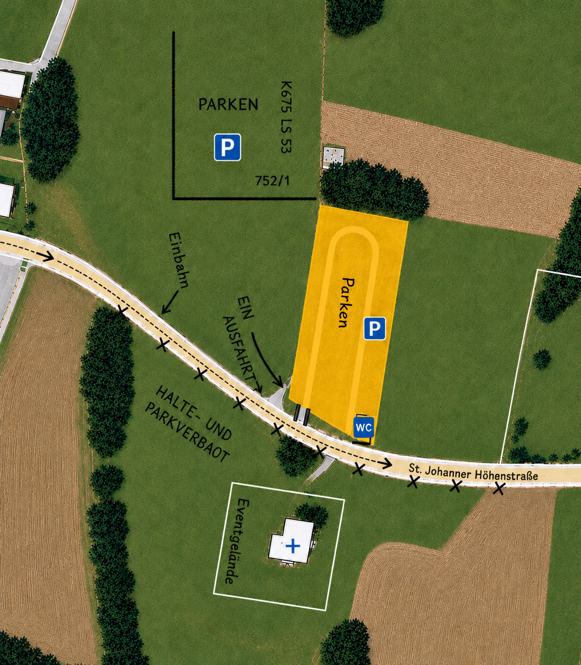 Vergr&ouml;&szlig;erter Besucher-Lageplan Kirchale Kirchtag 2026 mit Parkfl&auml;chen, WC, Einbahnregelung, Ein- und Ausfahrt sowie Halte- und Parkverbot